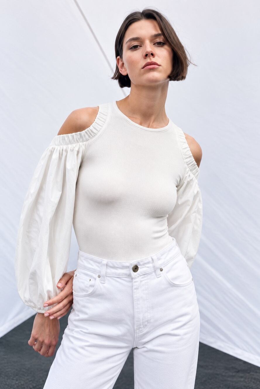 Zara Cut Out Puff Sleeve Ribbed Bodysuit White Medium